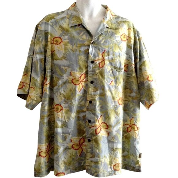 Rainforest Cafe Mens Hawaiian Shirt XL Orchids Blue Embroidered Cotton Aloha - Picture 1 of 4